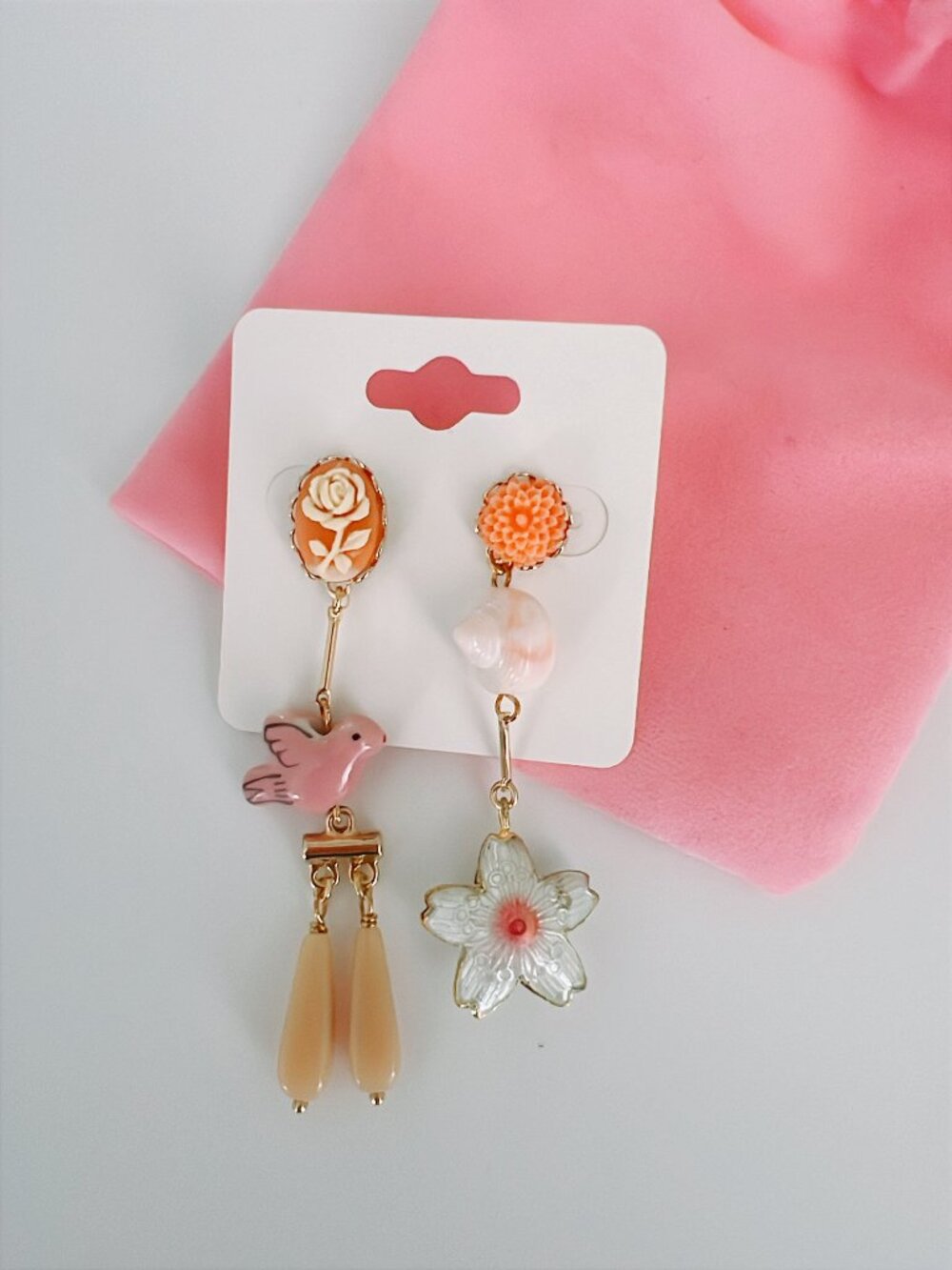 Sandrine France Handmade Mismatched Floral, Bird, and Shell Earrings